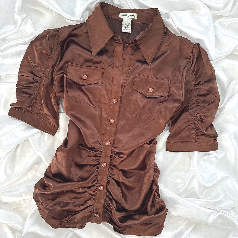 Ultra Pink Chocolate Brown Satin Ruched Button Down Blouse Short Sleeve Medium